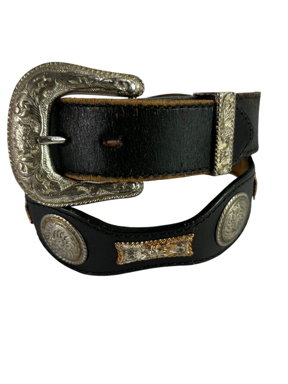 Vintage Black Leather Western Concho Belt Silver Engraved Buckle Boho Size 32